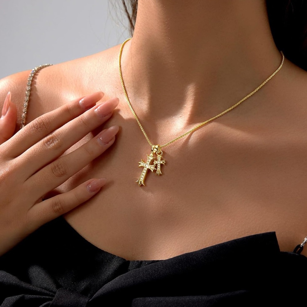 Elegant Gold Double Cross Pendant Necklace